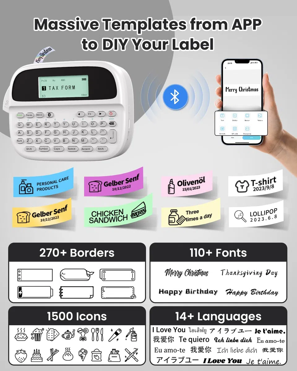 Phomemo M950 Etikettiergerät mit Tastatur, Beschriftungsgerät Selbstklebend Bluetooth, Etikettendrucker mit Tastatur Tragbares Etikettiergerät with Etikettenband 12mm für Schule, Büro & Zuhause, Weiß