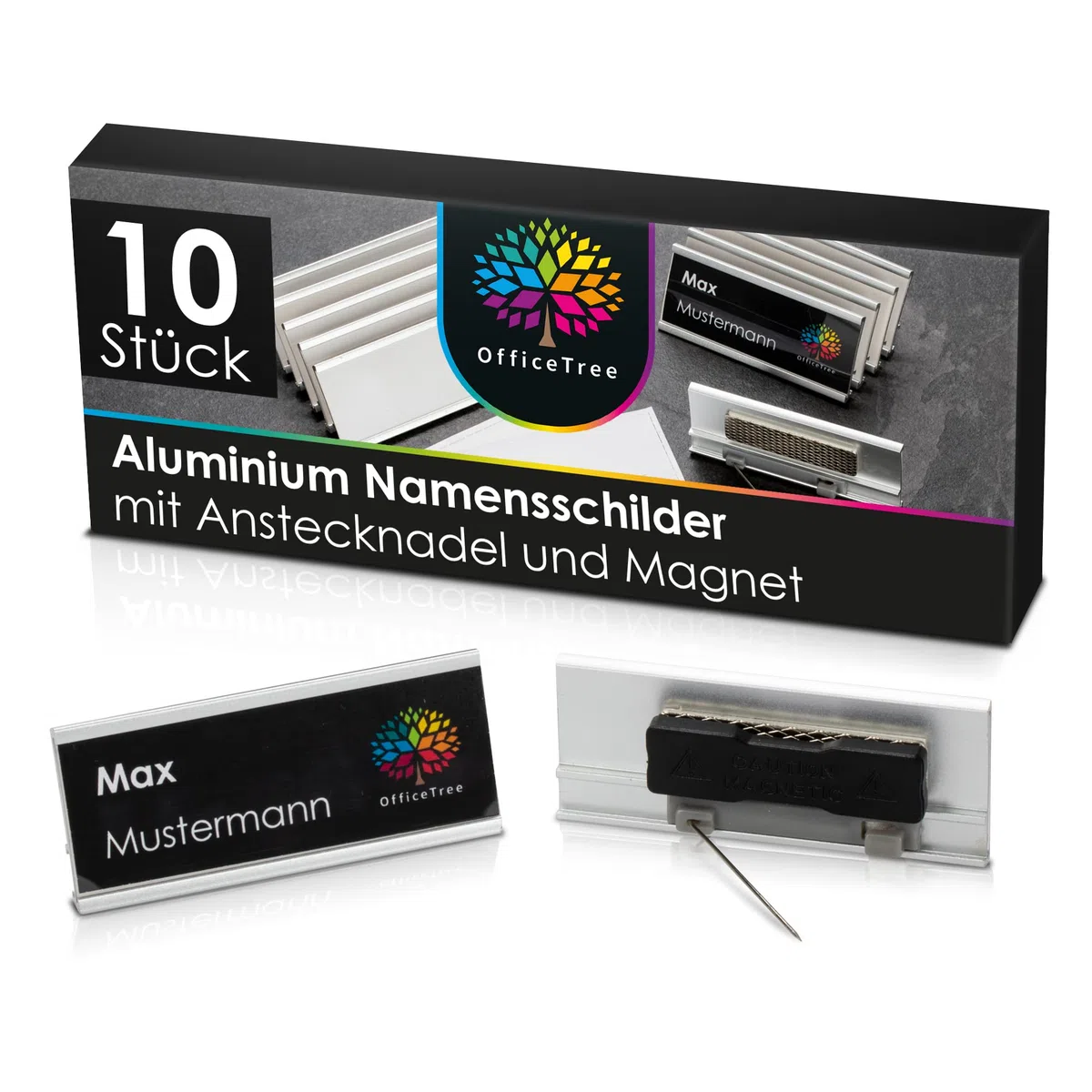 OfficeTree 10x Aluminium Namensschilder - Magnet und Anstecknadel - Nametag - Namenschilder für Messen, Seminare, Events