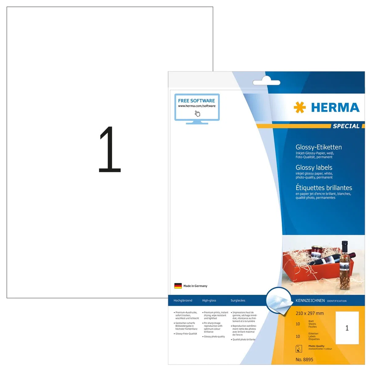 HERMA 8895 Hochglanz Etiketten für Inkjet Drucker, 10 Blatt, 210 x 297 mm, 1 pro A4 Bogen, 10 Stück, selbstklebend, bedruckbar, glänzend, blanko Klebeetiketten Aufkleber für Tintenstrahldrucker, weiß