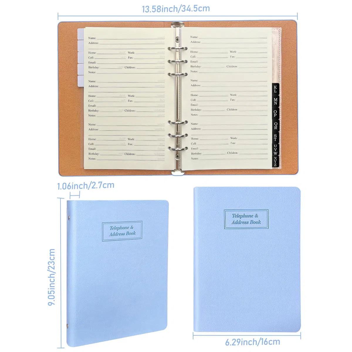 Nachfüllbares Adressbuch mit alphabetischen Registerkarten, 648 Eintrittsräume Großdruck Kontaktadresse/Telefonbücher, Blau PU-Leder Hardcover A5 6 Ring Adressbuch Binder für Senior Home Office