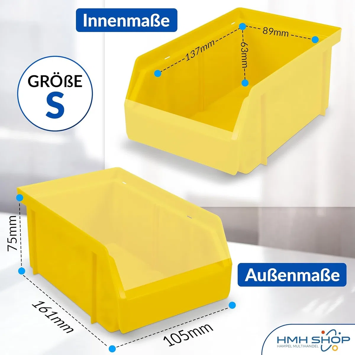 HMH 18x Stapelboxen Größe S Werkstatt Garage Keller Sichtlagerboxen 161x105x75mm Lagerboxen GELB Sichtlagerkästen Kleinteile Aufbewahrung