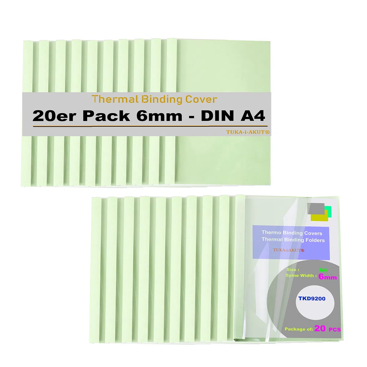 TUKA-i-AKUT [ 20x A4 6mm ] Thermobindemappen A4, Rückenbreite 6 mm, 20 Stück Thermo-Bindemappe für Thermo-Bindemaschinen, Bindergeräte, Binderücken | 20er Pack in Hellgrün, TKD9200 Lightgreen A4-20x