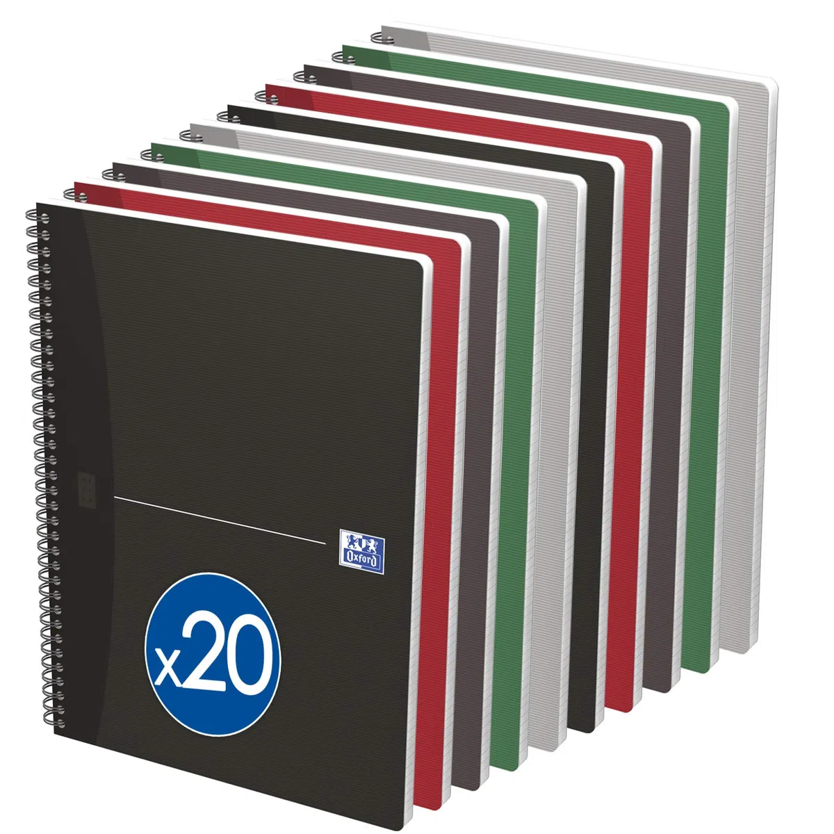 Oxford 20 Stück Notizhefte Office Essentials A4, kleine Karos, 5 mm, 180 Seiten, Vollbindung, Deckblatt aus Karton, verschiedene Farben