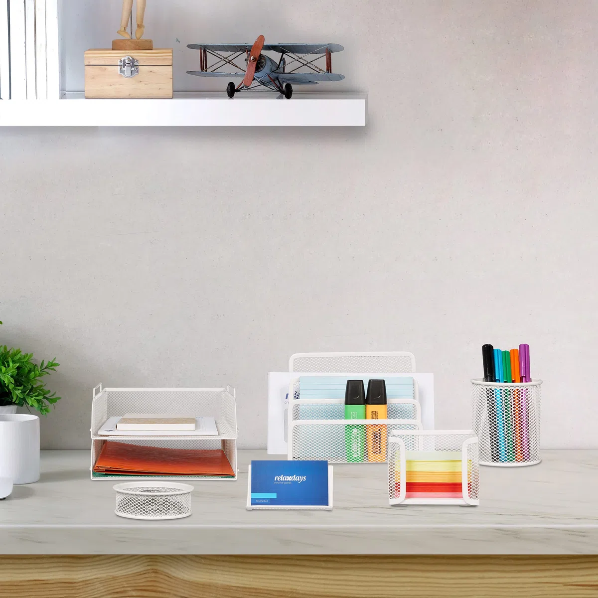 Relaxdays Schreibtisch Organizer Set Metall, weiß | 7-tlg.
