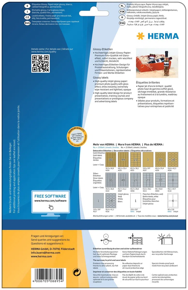 HERMA 8895 Hochglanz Etiketten für Inkjet Drucker, 10 Blatt, 210 x 297 mm, 1 pro A4 Bogen, 10 Stück, selbstklebend, bedruckbar, glänzend, blanko Klebeetiketten Aufkleber für Tintenstrahldrucker, weiß