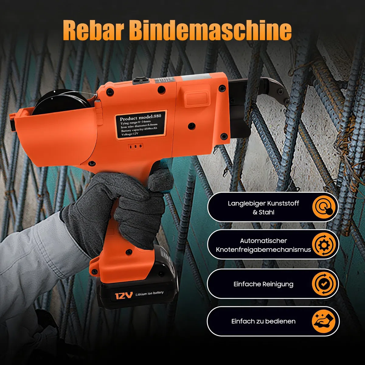 Bewehrungsverbinder, Elektrische Rebar Bindemaschine 8mm-34mm 12V Rebar Drahtbinder 8mm-34mm Automatische Drahtbindemaschine Handheld Vollautomatisch Building Tying Maschine