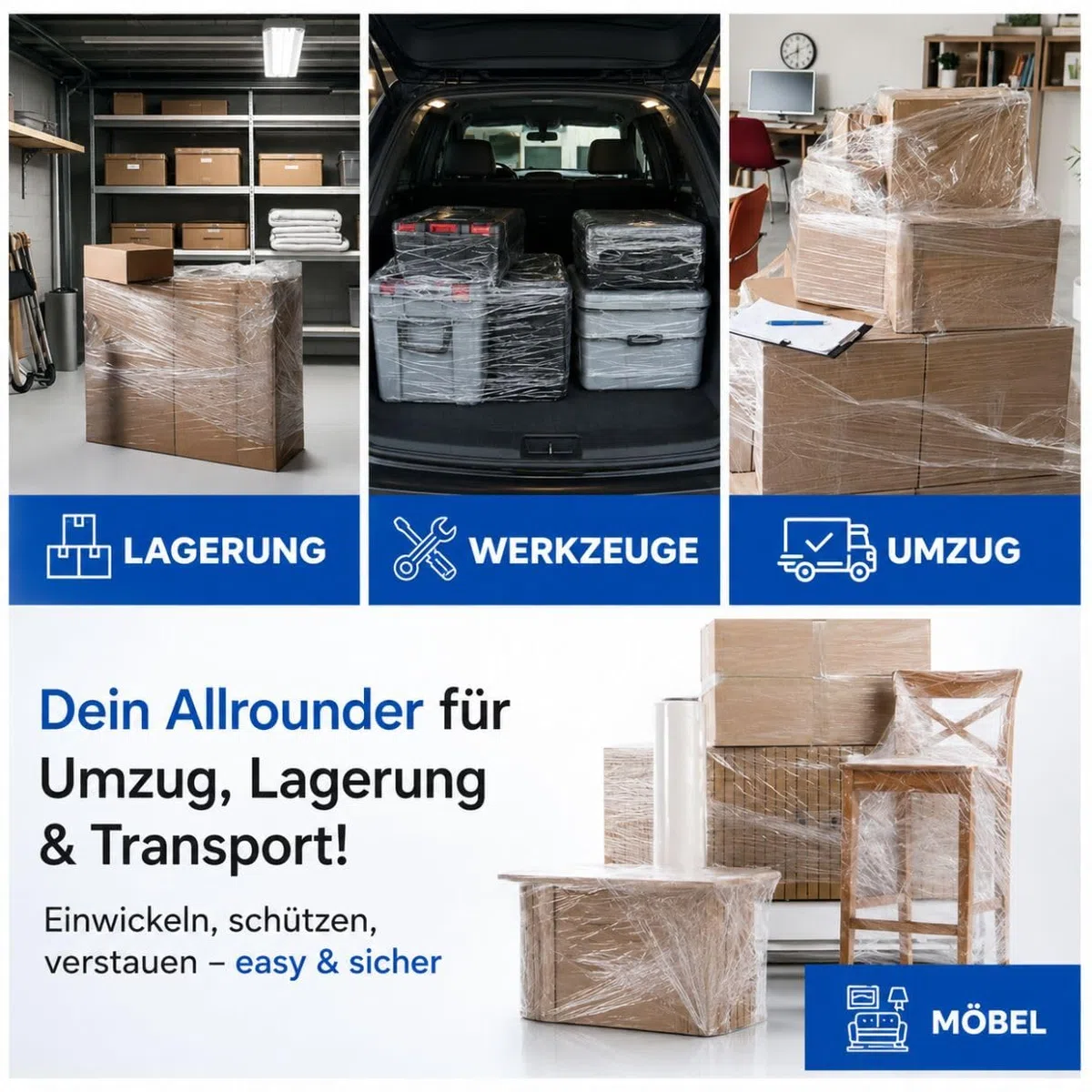 1x Stretchfolie 50cm 1,5 kg 23my Wickelfolie, Packfolie, Folie für Möbel und Umzug (Weiß)