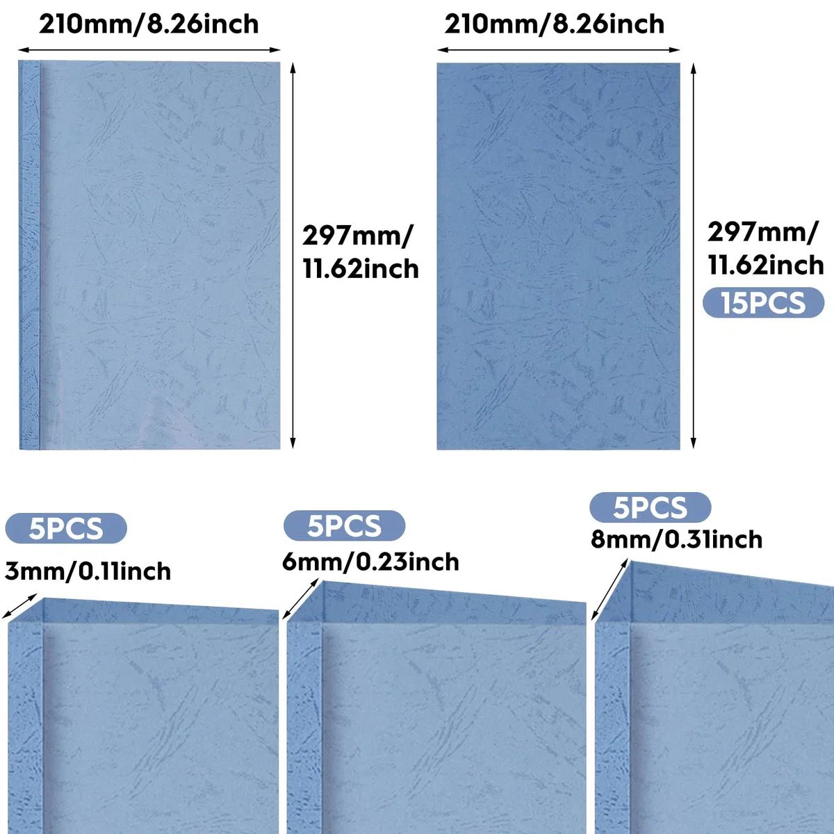 15 Blatt Thermo-bindemappen, A4 Thermobindemappen, PVC-Heizbindeumschlag, 3mm-16-25 Blatt, 6mm-36-50 Blatt, 8mm-51-70 Blatt, Blau, mit Abdeckung