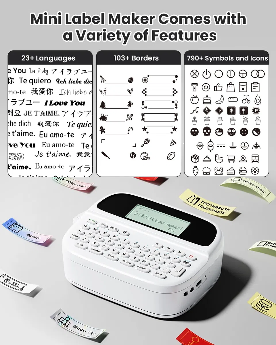 Phomemo M950 Etikettiergerät mit Tastatur, Beschriftungsgerät Selbstklebend Bluetooth, Etikettendrucker mit Tastatur Tragbares Etikettiergerät with Etikettenband 12mm für Schule, Büro & Zuhause, Weiß