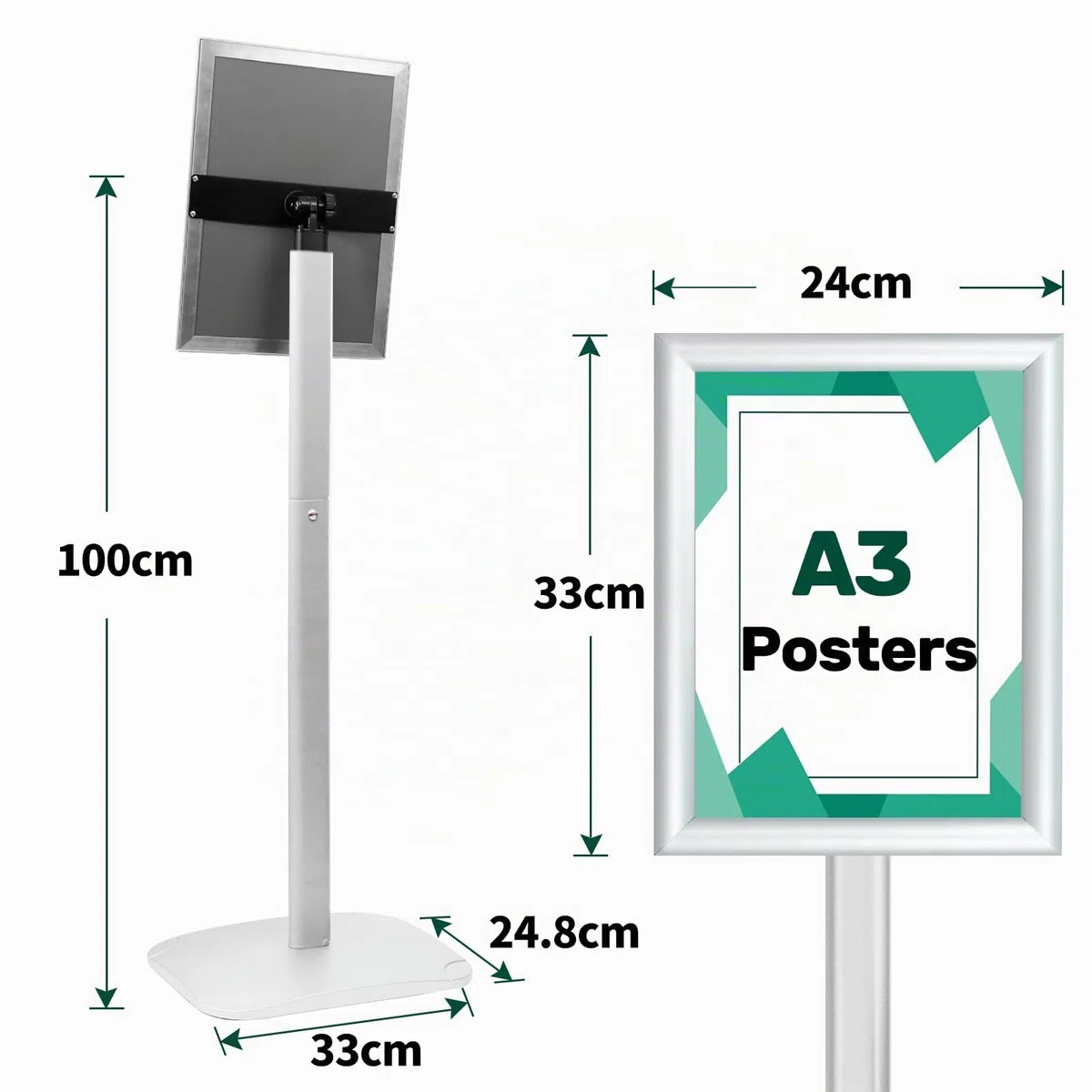 Infoständer DIN A3, Plakatständer mit stabiler Basis, bodenstehender Posterständer für Menü/Mitteilungen/Display, Outdoor-Willkommensschild-Halter, Ständer für Plakate und Werbung, Silber