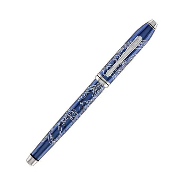 Cross Townsend Rollerball Sonderedition 'Jahr der Schlange' (Strichstärke M, Schreibfarbe schwarz, dokumentenecht, Premium Geschenkbox) durchscheinender blauer Lack mit verchromter Gravur