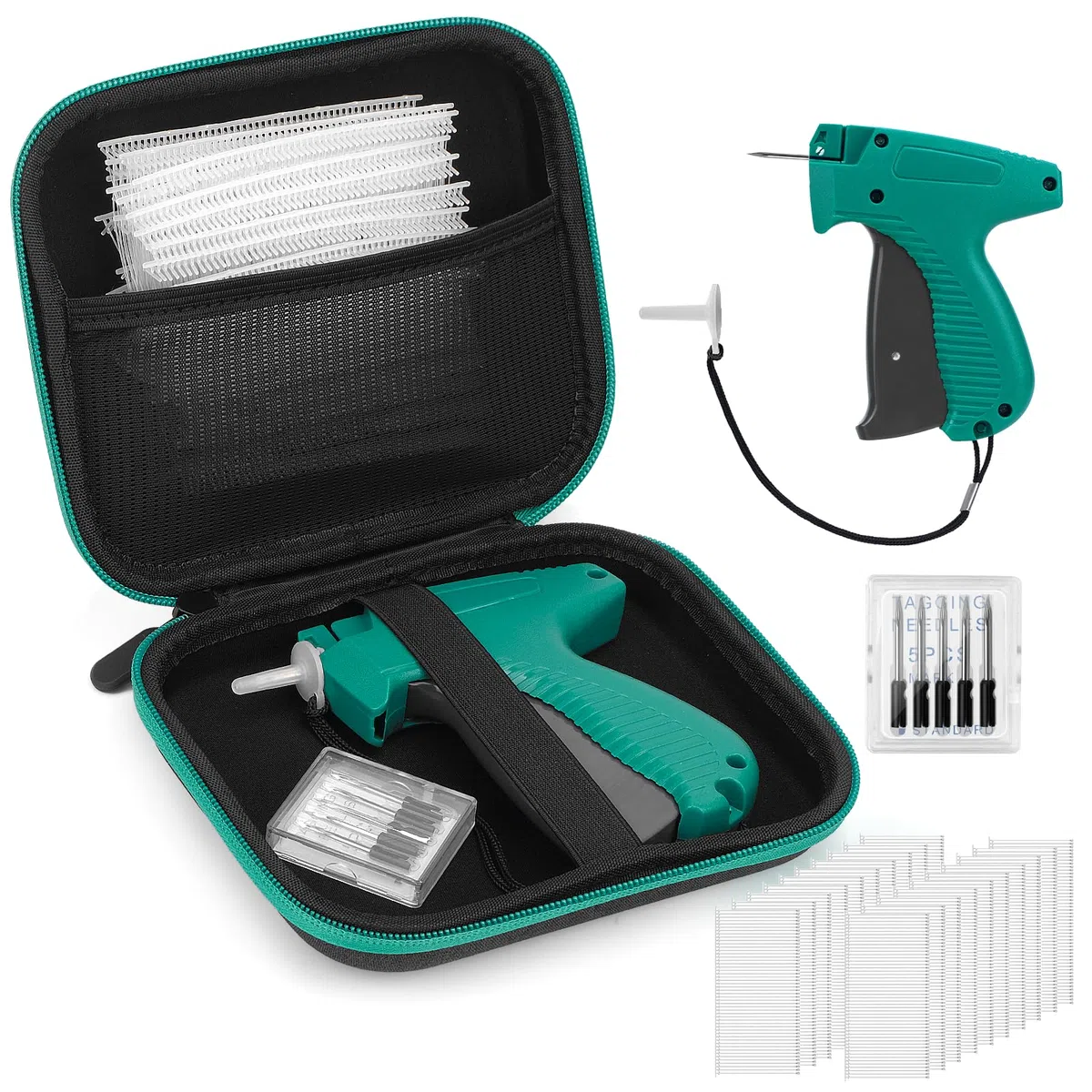 Glamgen Standard Einzelhandels Preisschildanbringungspistole für Kleidungsetikettierer mit Aufbewahrungskoffer, Label Tagging Gun mit 6 Stück Mikronadeln 1000 Stück 2" Widerhaken, 1 Stück Reiseetui