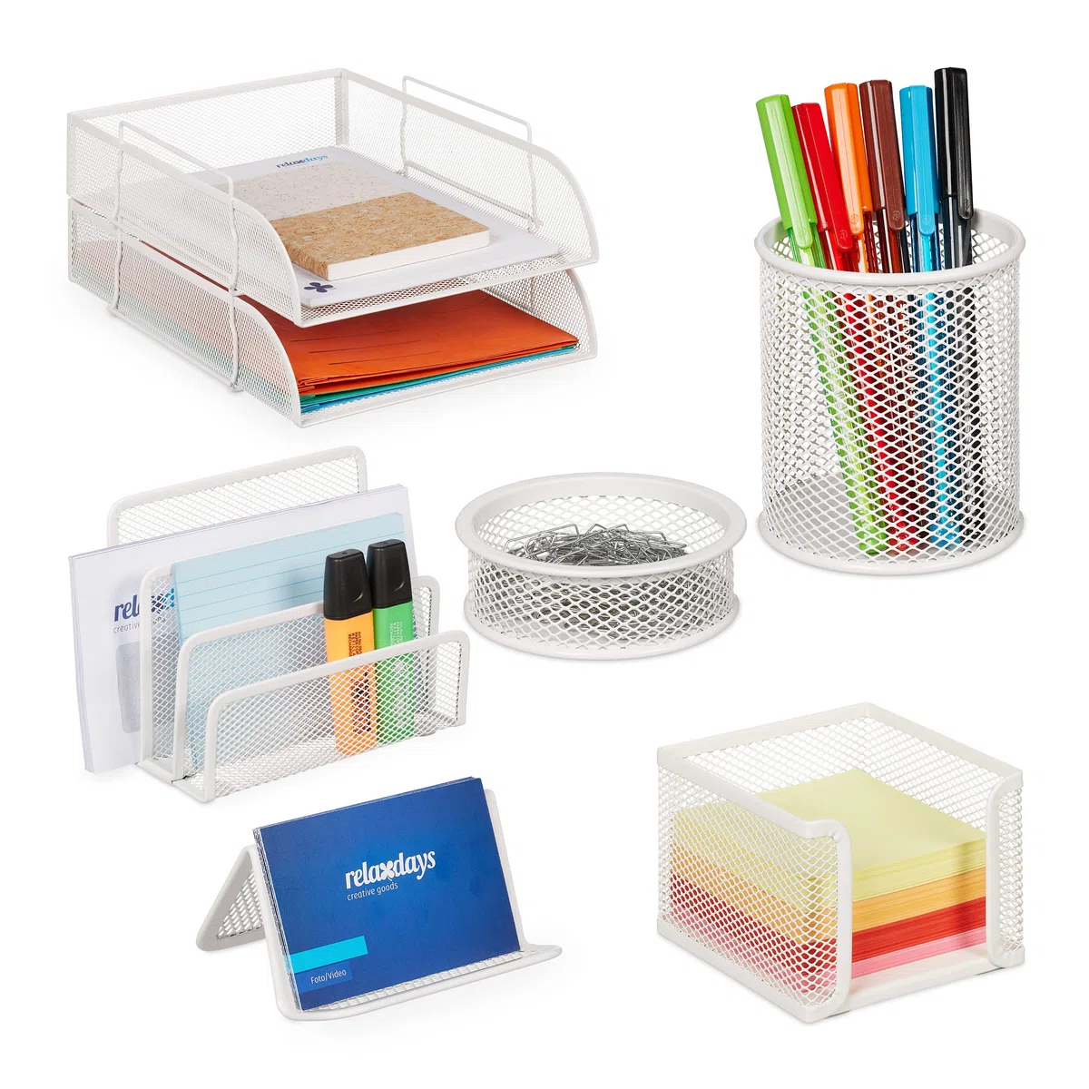 Relaxdays Schreibtisch Organizer Set Metall, weiß | 7-tlg.