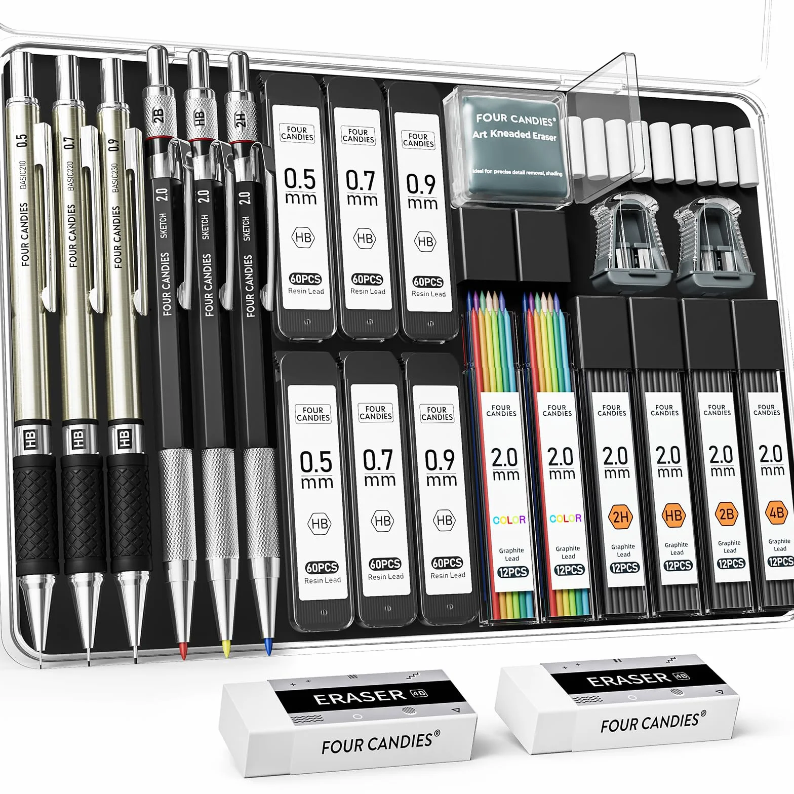 Four Candies 25-teiliges Kunst Druckbleistift-Set mit Etui, Metall-Druckbleistifte 0,5, 0,7, 0,9 mm 2 mm Kupplungsstift (HB 2H 2B 4B Farbe) mit 432 Stück Graphit Minen-Nachfüllungen für Zeichnen
