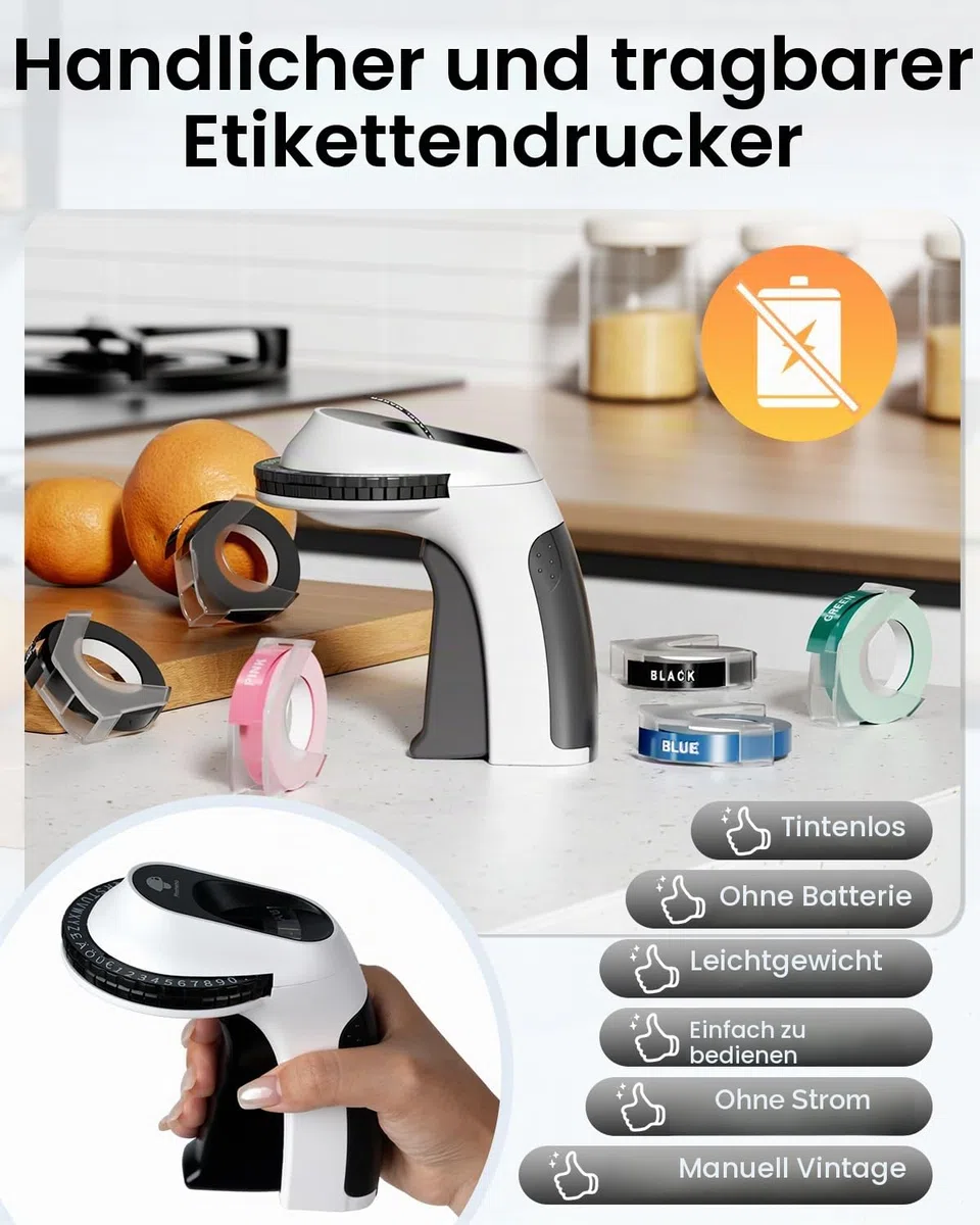 Phomemo Prägegerät, E975 Etikettiergerät Retro 3D Vintage Handgerät Beschriftungsgerät Prägegerät mit 3 Rollen Schwarzes Band Wasserfesten für Kinder DIY-Projekte, Zuhause, Büro & Schule(£/€, Ä, Ö, Ü)
