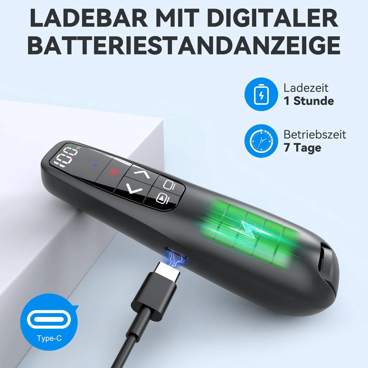 Presenter USB C, Wiederaufladbar mit digitaler Batterieanzeige, Powerpoint Presenter Pointer für Präsentationen, Powerpoint Fernbedienung Präsenter für Computer Laptop Mac