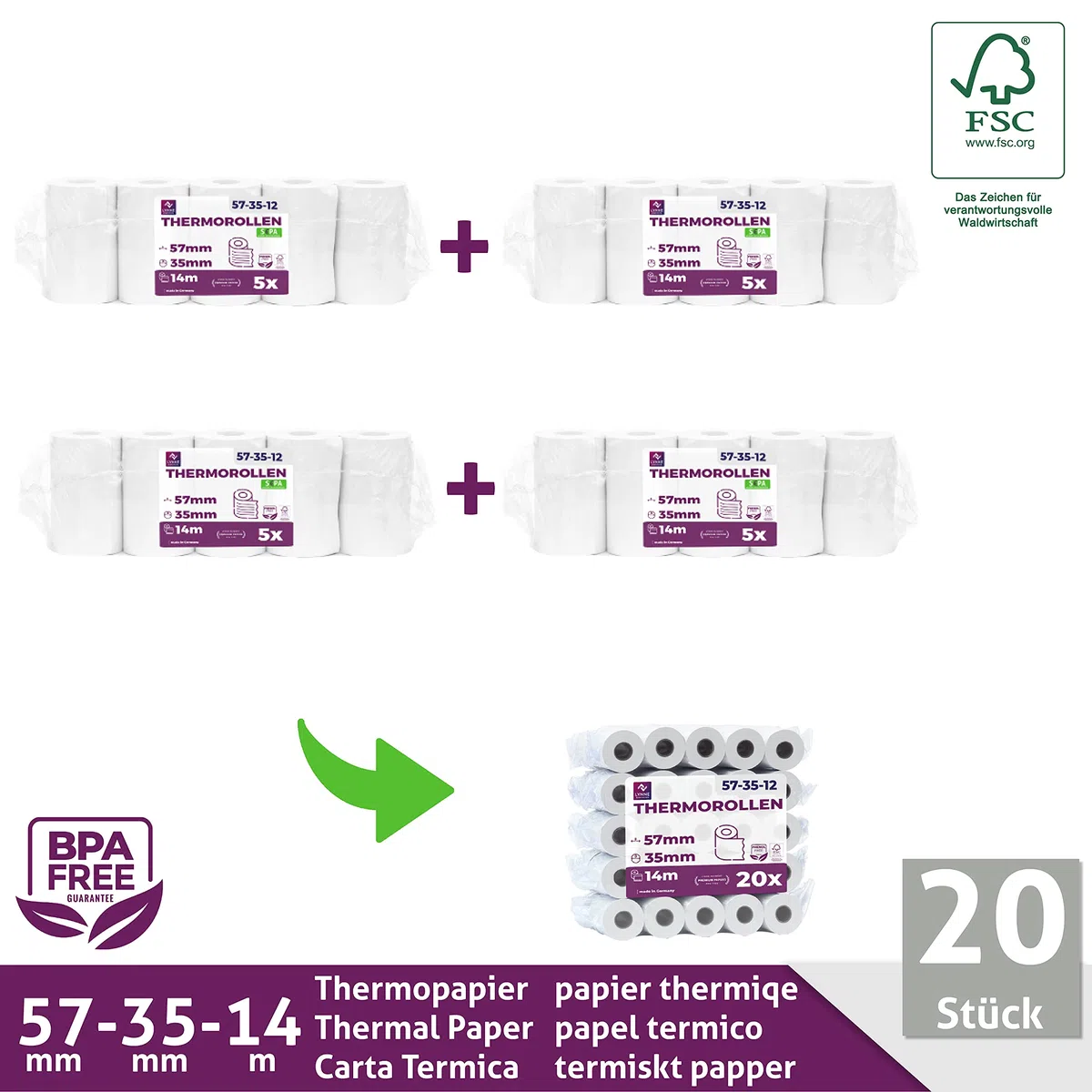 Ec-Cash Thermorollen 57mm x 14m x 12mm - Kassenrollen - Thermopapier - Bonrollen für Bankomat - Kredit-Kartenlesegeräte (57x35x12) – mit SEPA-Lastschrifttext (20 Rollen)
