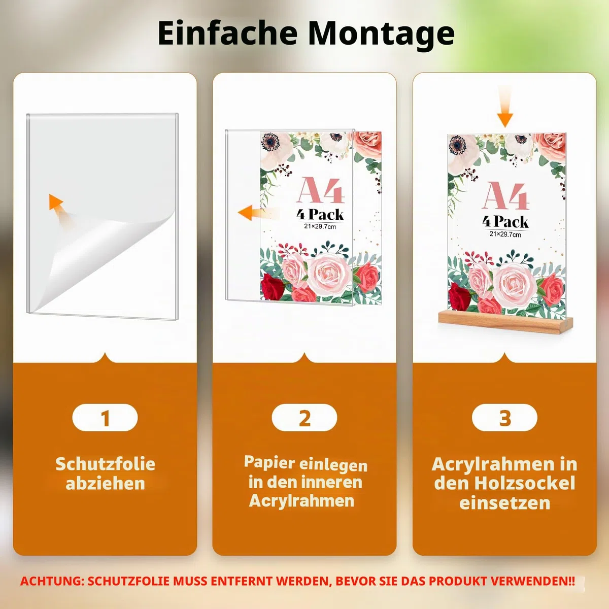 4 Stück Tischaufsteller A4, Holz T Form Acryl Ständer Preisschilder Aufsteller Tischständer für Prospekte Menükarte Werbung Fotorahmen, Kunststoff Foto Bilderrahmen mit Holzfuß für Haus, Büro, Laden