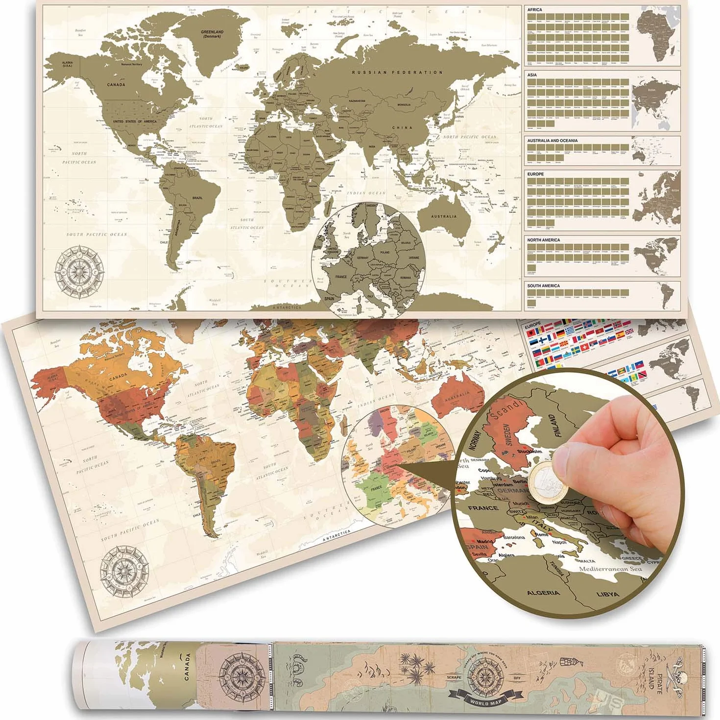Scrape Off World Map Vintage - XXL Weltkarte zum frei Rubbeln 100 x 45 cm - Rubbel Landkarte Deluxe Wandbild