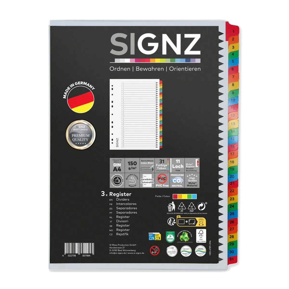 SIGNZ Register DIN A4, 31 - teilig, 3 Stück, extra starke Trennblätter, CO2-neutral hergestellt, made in Germany