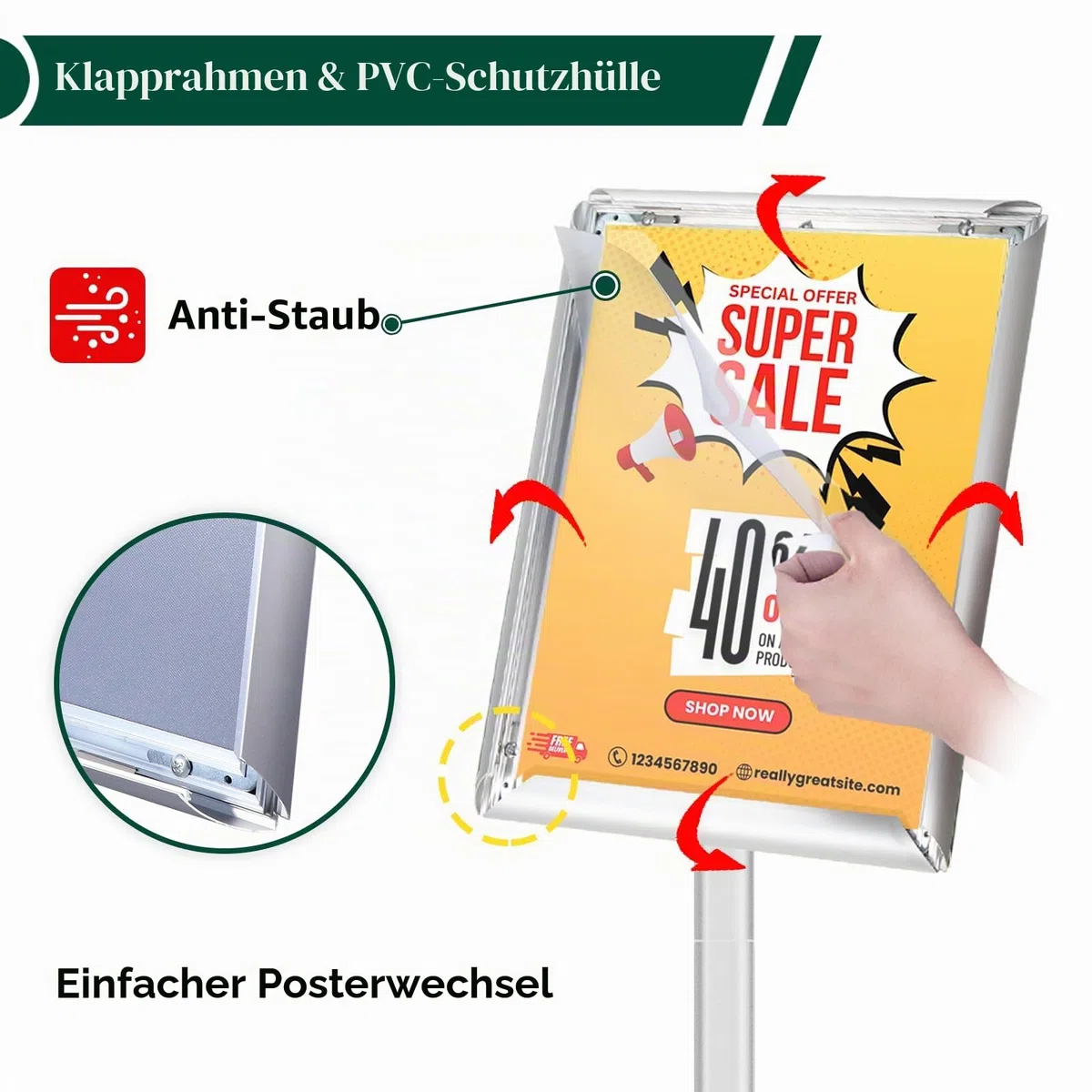 Infoständer DIN A3, Plakatständer mit stabiler Basis, bodenstehender Posterständer für Menü/Mitteilungen/Display, Outdoor-Willkommensschild-Halter, Ständer für Plakate und Werbung, Silber