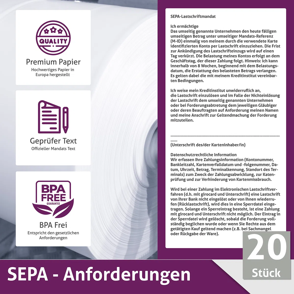 Ec-Cash Thermorollen 57mm x 14m x 12mm - Kassenrollen - Thermopapier - Bonrollen für Bankomat - Kredit-Kartenlesegeräte (57x35x12) – mit SEPA-Lastschrifttext (20 Rollen)
