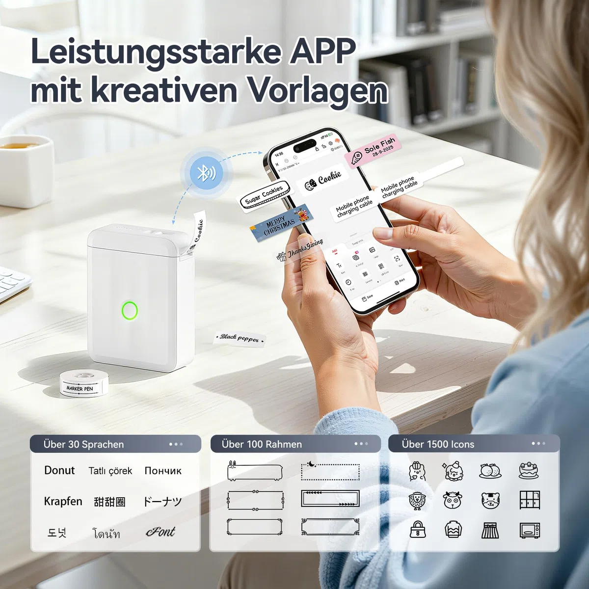 NIIMBOT Etikettendrucker D110 Upgrade, Mini Bluetooth Etikettiergerät Beschriftungsgerät Selbstklebend, Tragbares Sticker drucker Label Printer mit iOS Android, Geeignet für Zuhause Schule Büro, Weiß