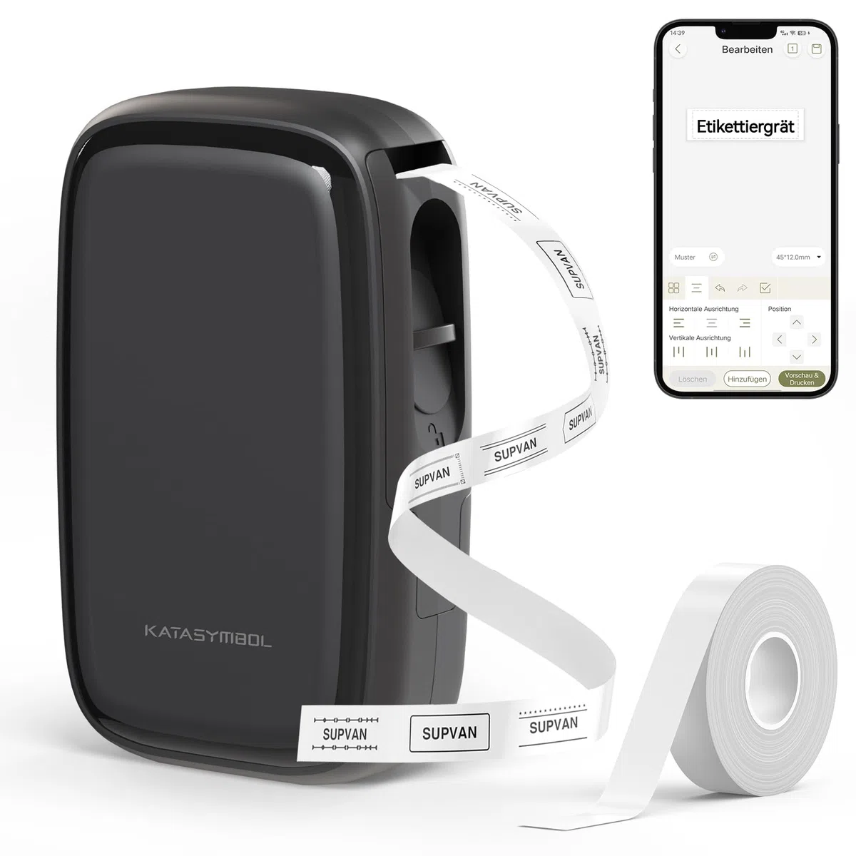 SUPVAN E16 Etikettendrucker Bluetooth mit 15 mm x 6 m wasserdichte Etiketten selbstklebend，für iOS & Android, Büro, Schule, Zuhause, schwarz