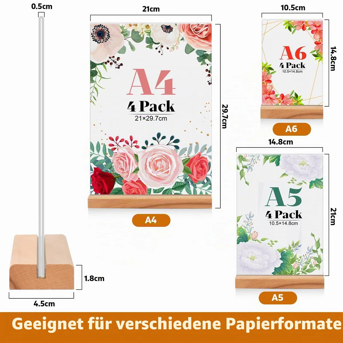 4 Stück Tischaufsteller A4, Holz T Form Acryl Ständer Preisschilder Aufsteller Tischständer für Prospekte Menükarte Werbung Fotorahmen, Kunststoff Foto Bilderrahmen mit Holzfuß für Haus, Büro, Laden
