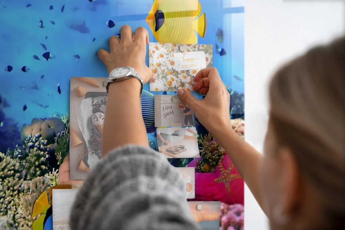 Magnettafel Glas mit Zubehör | Schreibtafel abwischbar | Glasboard mit Neodym-Magneten | Modernes Wandboard für Organisation, Planung & kreative Ideen - 120x60cm Unterwasserleben