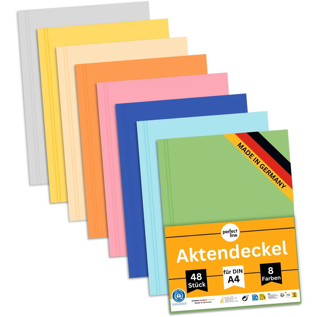 perfect line - 48 Aktendeckel DIN A4 - stabile Papp-Hefter aus Recyclingkarton, 250g/m², diverse Farben - umweltfreundlich, Blauer Engel zertifiziert
