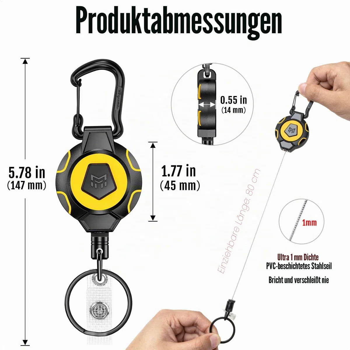 MNGARISTA 2er-Pack Verstärkter einziehbarer Schlüsselanhänger,283,5 g Schrumpf,31.5cm Stahlschnur,Taktische ID-Ausweishalter Ausziehbar,einziehbarer Schlüsselring