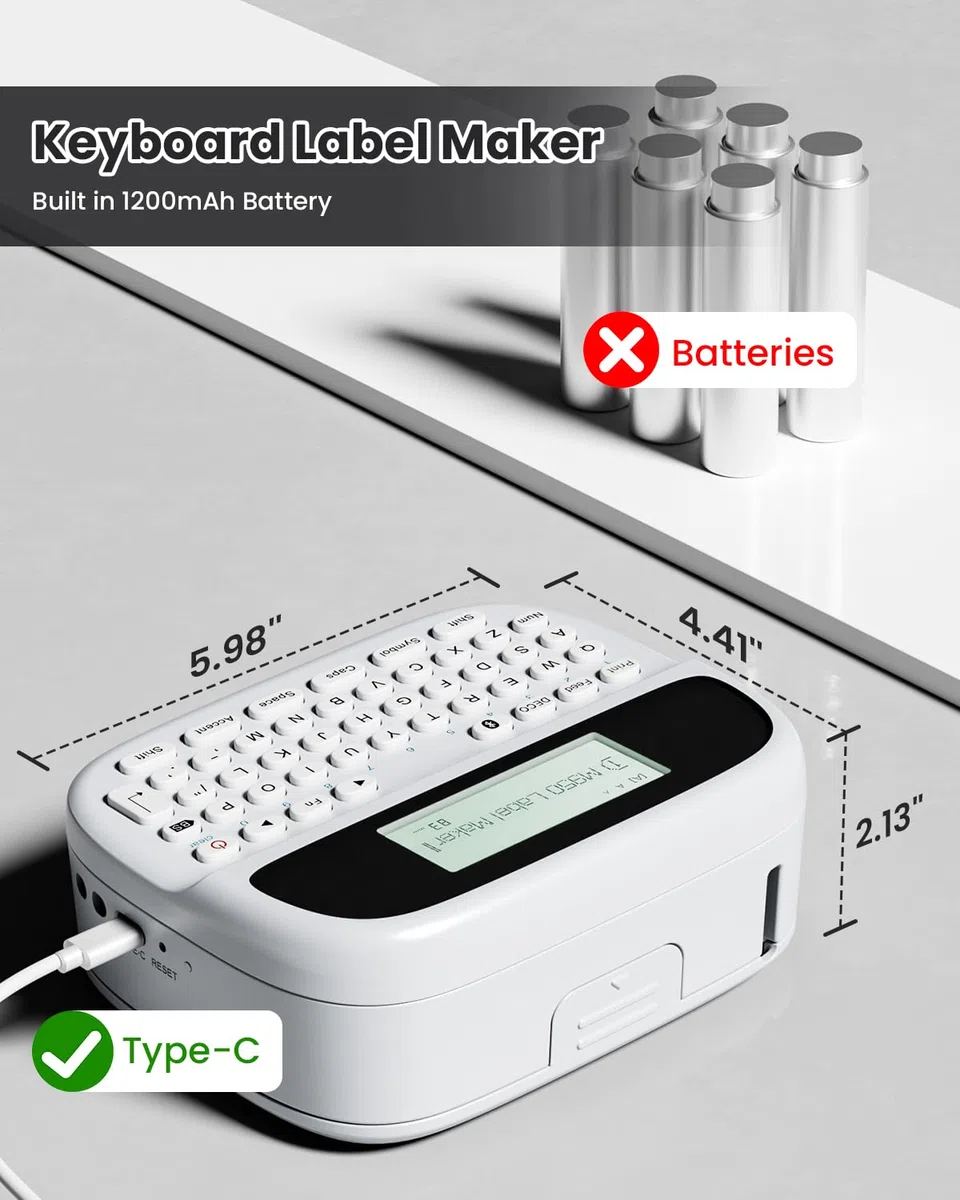 Phomemo M950 Etikettiergerät mit Tastatur, Beschriftungsgerät Selbstklebend Bluetooth, Etikettendrucker mit Tastatur Tragbares Etikettiergerät with Etikettenband 12mm für Schule, Büro & Zuhause, Weiß