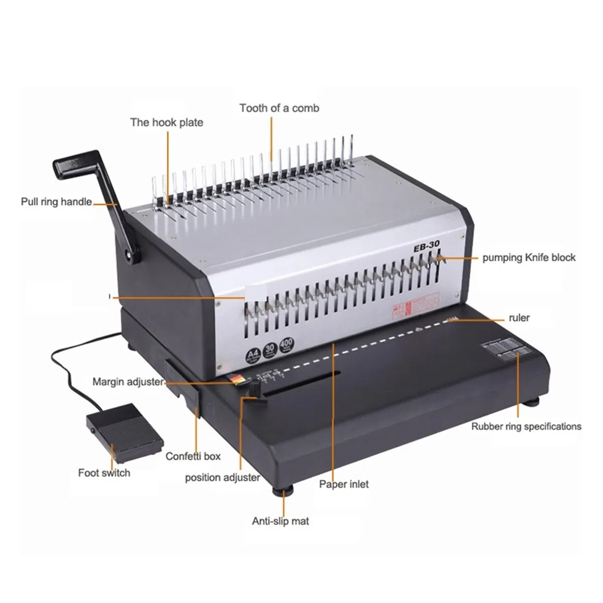 Bindegerät, Elektrische Kammbindemaschine EB-30 A4-Stanzmaschine 21 Löcher Gummiringclips Dual-Use-Bindemaschine, für A4, A5 oder kleinere Formate