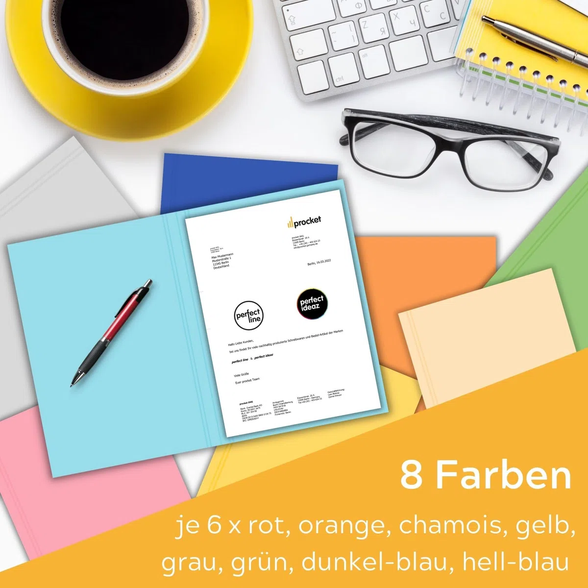 perfect line - 48 Aktendeckel DIN A4 - stabile Papp-Hefter aus Recyclingkarton, 250g/m², diverse Farben - umweltfreundlich, Blauer Engel zertifiziert
