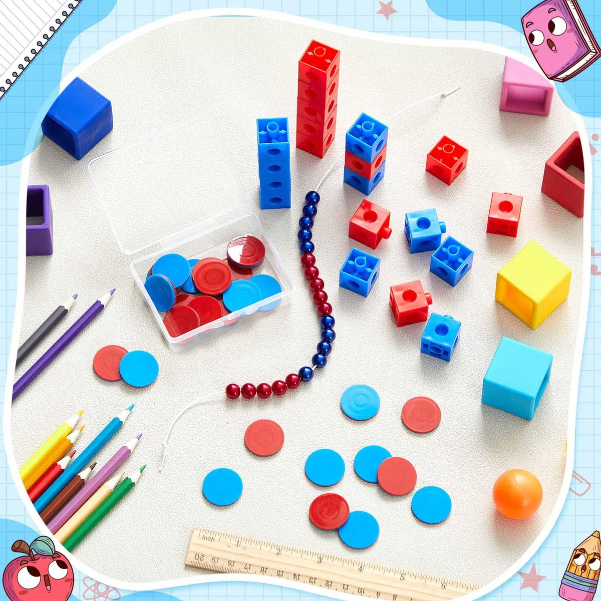 Geosar Mathematik Set Rechenkette Rot/Blau 20 Zählkette mit Zweifarbigen Kugeln 30 Zählchips 20 Mathe Würfel Rechen Set