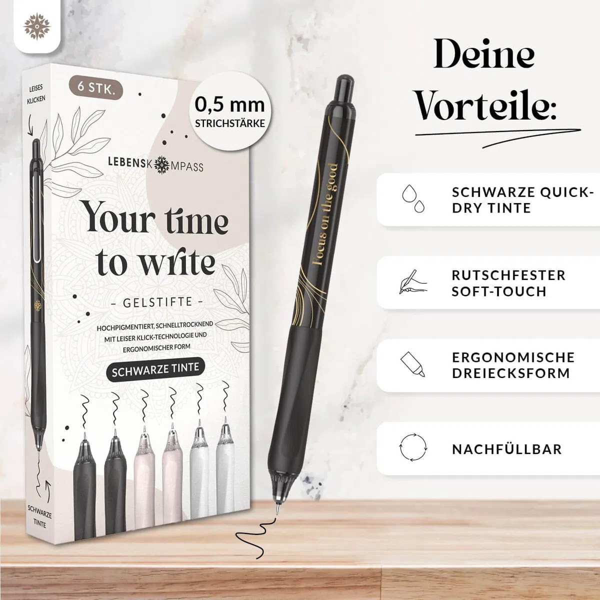 LEBENSKOMPASS Gelstifte Set Schwarz mit Silent-Click-Technologie - Hochpigmentierte, Schnelltrocknende Gel Kugelschreiber - Dünne 0,5mm Strichstärke Gelschreiber - 6 Stück in 3 Designs