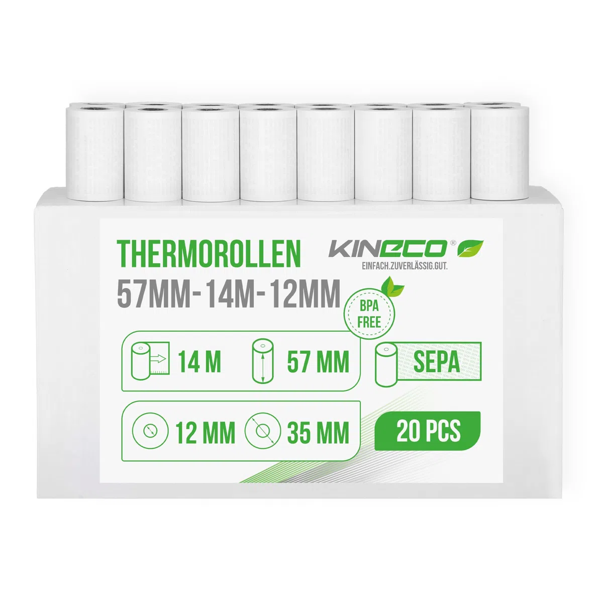 Kineco Ec-Cash (20 Kassenrollen) 57mm x 14m x 12mm - Thermorollen, Thermopapier, Bonrollen für Bankomat - Kredit-Kartenlesegeräte mit SEPA Lastschrifttext