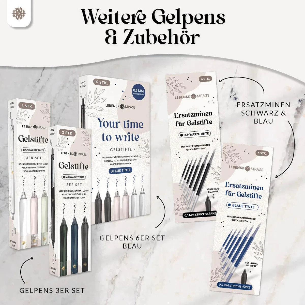 LEBENSKOMPASS Gelstifte Set Schwarz mit Silent-Click-Technologie - Hochpigmentierte, Schnelltrocknende Gel Kugelschreiber - Dünne 0,5mm Strichstärke Gelschreiber - 6 Stück in 3 Designs