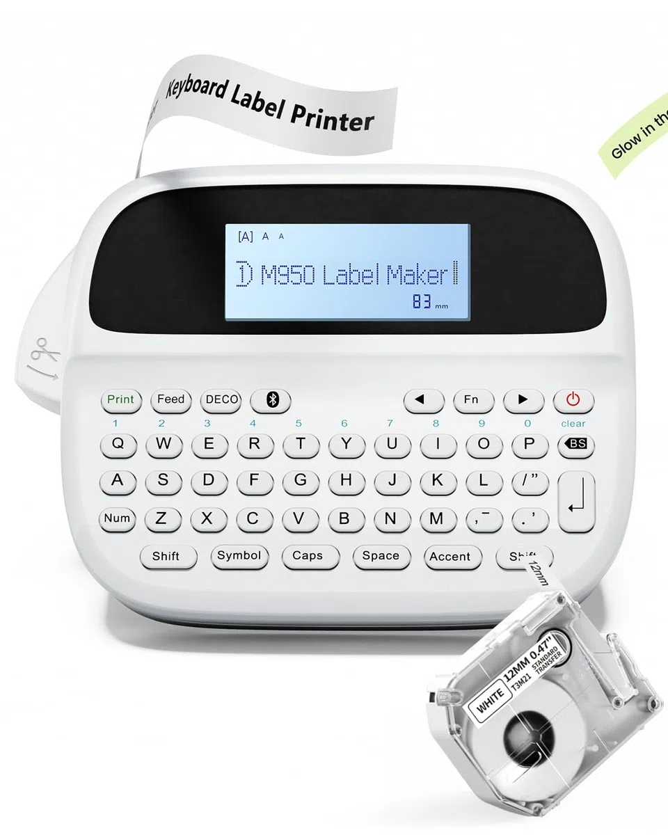 Phomemo M950 Etikettiergerät mit Tastatur, Beschriftungsgerät Selbstklebend Bluetooth, Etikettendrucker mit Tastatur Tragbares Etikettiergerät with Etikettenband 12mm für Schule, Büro & Zuhause, Weiß