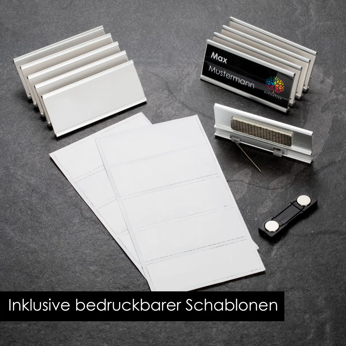 OfficeTree 10x Aluminium Namensschilder - Magnet und Anstecknadel - Nametag - Namenschilder für Messen, Seminare, Events