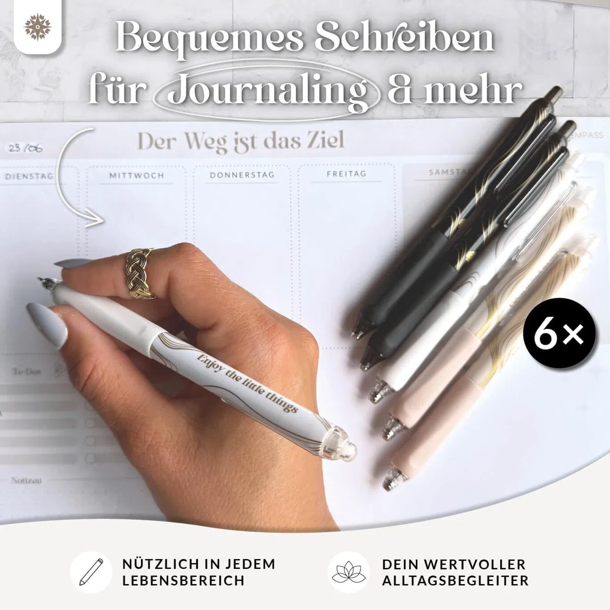 LEBENSKOMPASS Gelstifte Set Schwarz mit Silent-Click-Technologie - Hochpigmentierte, Schnelltrocknende Gel Kugelschreiber - Dünne 0,5mm Strichstärke Gelschreiber - 6 Stück in 3 Designs