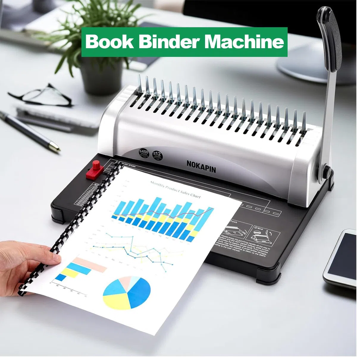 21-Loch-Bindemaschine, Kammbindemaschine, 450-Seiten-Bindekapazität und 12-Seiten-Stanzkapazität für Den Heim-/Bürogebrauch