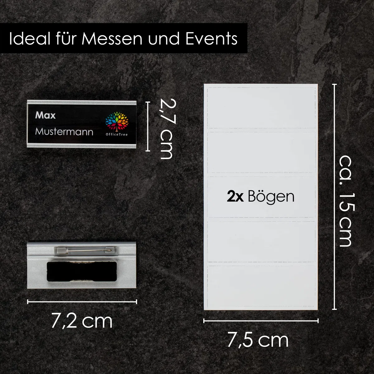 OfficeTree 10x Aluminium Namensschilder - Magnet und Anstecknadel - Nametag - Namenschilder für Messen, Seminare, Events