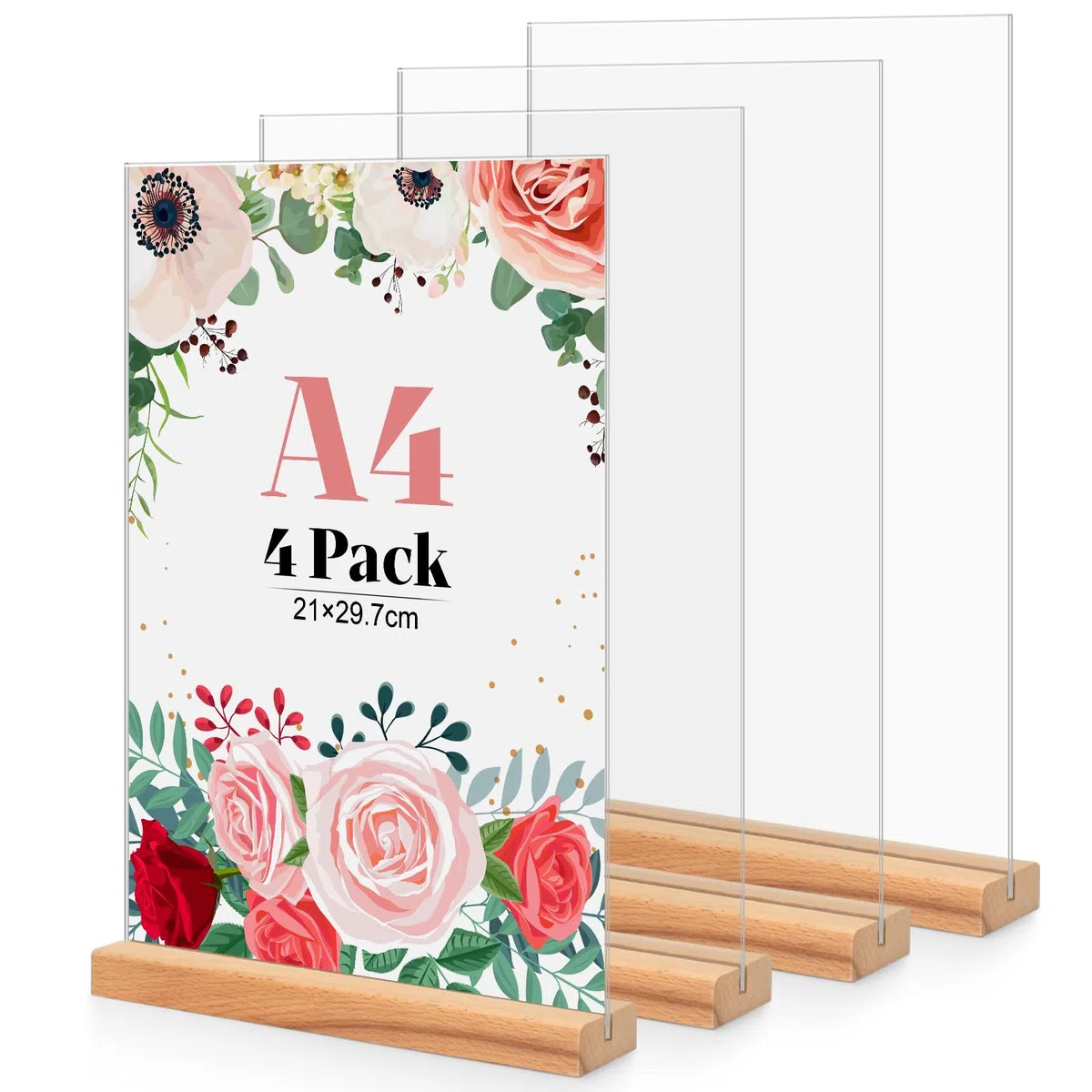 4 Stück Tischaufsteller A4, Holz T Form Acryl Ständer Preisschilder Aufsteller Tischständer für Prospekte Menükarte Werbung Fotorahmen, Kunststoff Foto Bilderrahmen mit Holzfuß für Haus, Büro, Laden