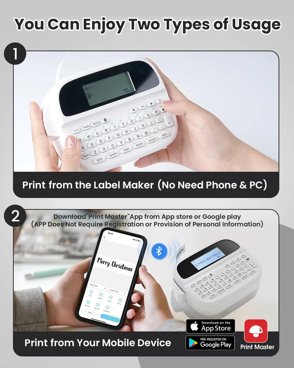 Phomemo M950 Etikettiergerät mit Tastatur, Beschriftungsgerät Selbstklebend Bluetooth, Etikettendrucker mit Tastatur Tragbares Etikettiergerät with Etikettenband 12mm für Schule, Büro & Zuhause, Weiß