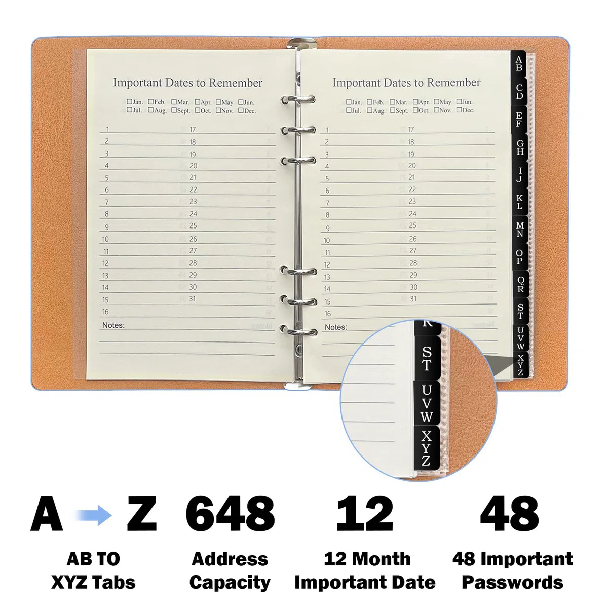 Nachfüllbares Adressbuch mit alphabetischen Registerkarten, 648 Eintrittsräume Großdruck Kontaktadresse/Telefonbücher, Blau PU-Leder Hardcover A5 6 Ring Adressbuch Binder für Senior Home Office