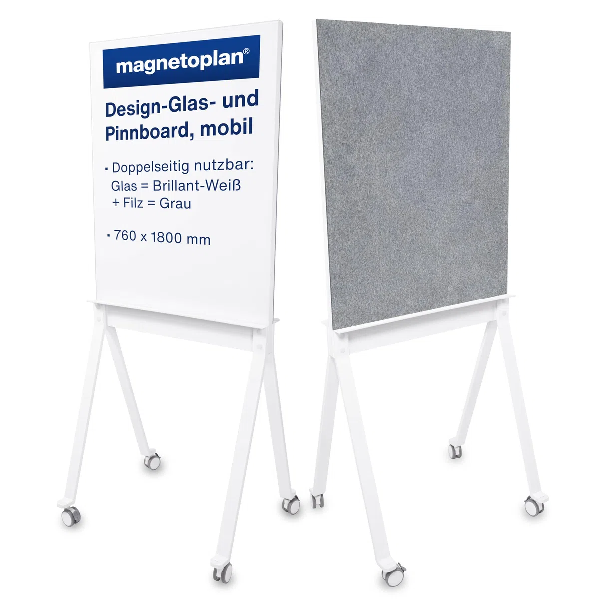 magnetoplan Design-Glas- & Pinnboard, mobil, Weiss | Whiteboard magnetisch + Pinnboard | Mobiles Board doppelseitig | Magnetwand auf Rollen | Hochwertige Glasoberfläche | BxHxT 760x1800x600mm