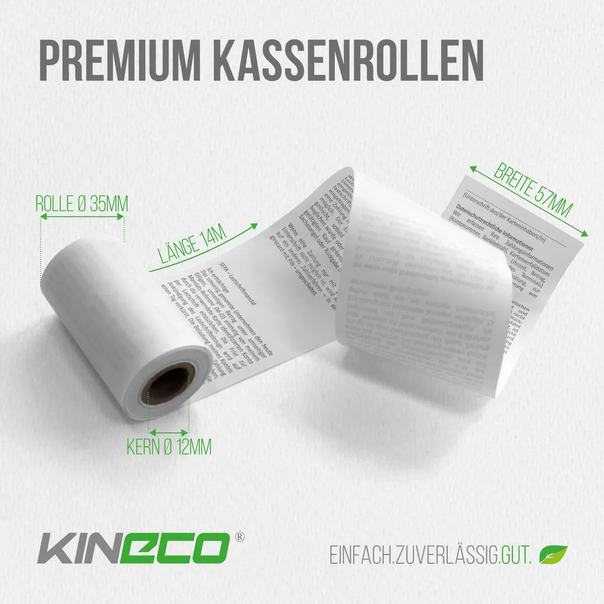 Kineco Ec-Cash (20 Kassenrollen) 57mm x 14m x 12mm - Thermorollen, Thermopapier, Bonrollen für Bankomat - Kredit-Kartenlesegeräte mit SEPA Lastschrifttext