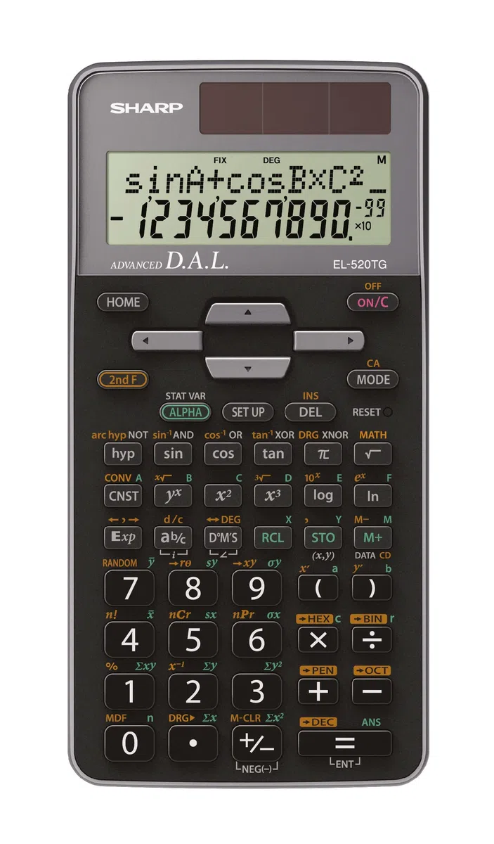 Sharp EL-520TG-GY Wissenschaftlicher Schulrechner (D.A.L.-Eingabe, Solar-/Batteriebetrieben) Silber